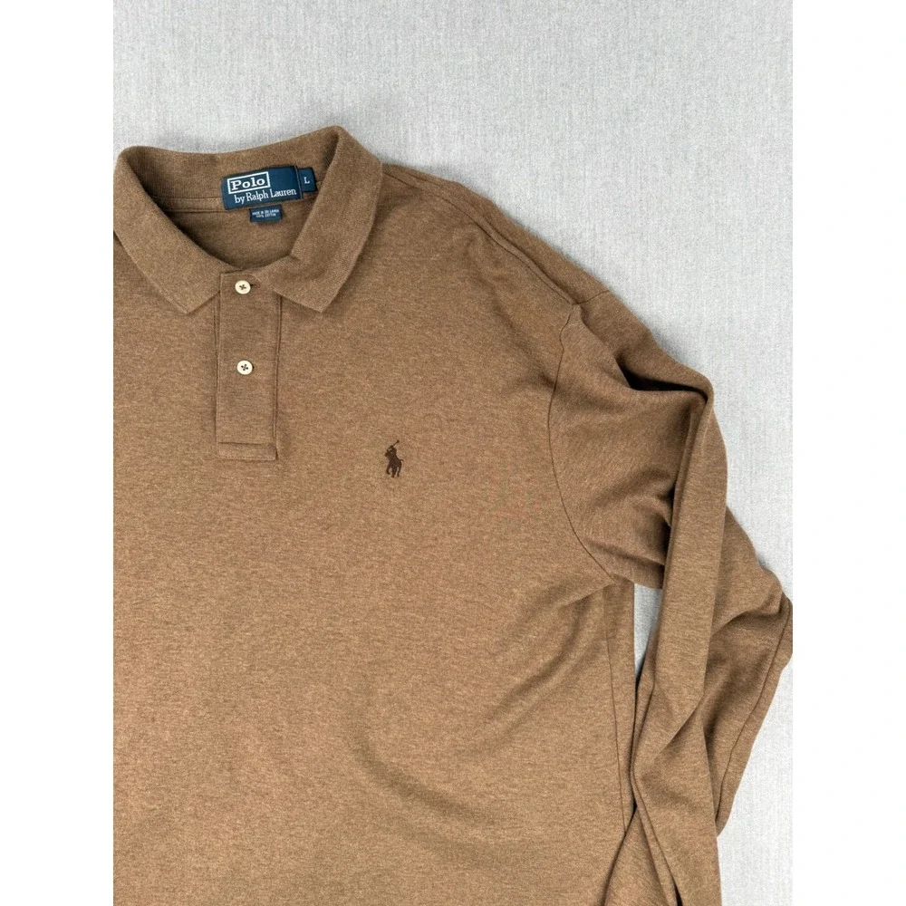 Polo Ralph Lauren Mens Brown Long Sleeve Cotton Polo Shirt Large‎ L Pony Logo